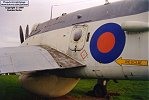 Port rear fuselage - AEW.3 XP226. The paint is quite faded; the darker area (a walkway) on the inner part of the wing was black when in service. Door with bulged window leads to radar operator's position.